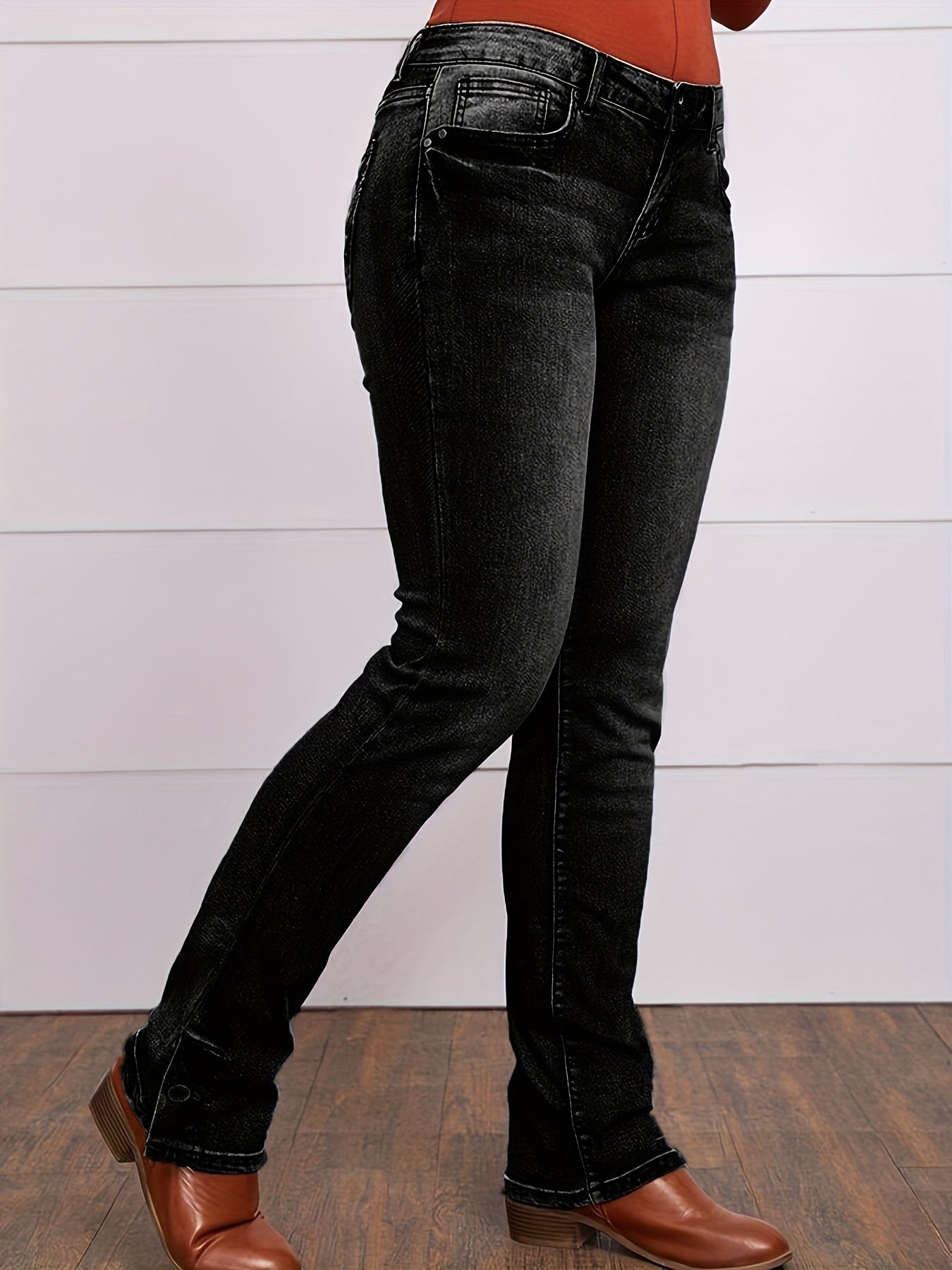 Button Side Split Embroidery Patch Pocket Bootcut Jeans