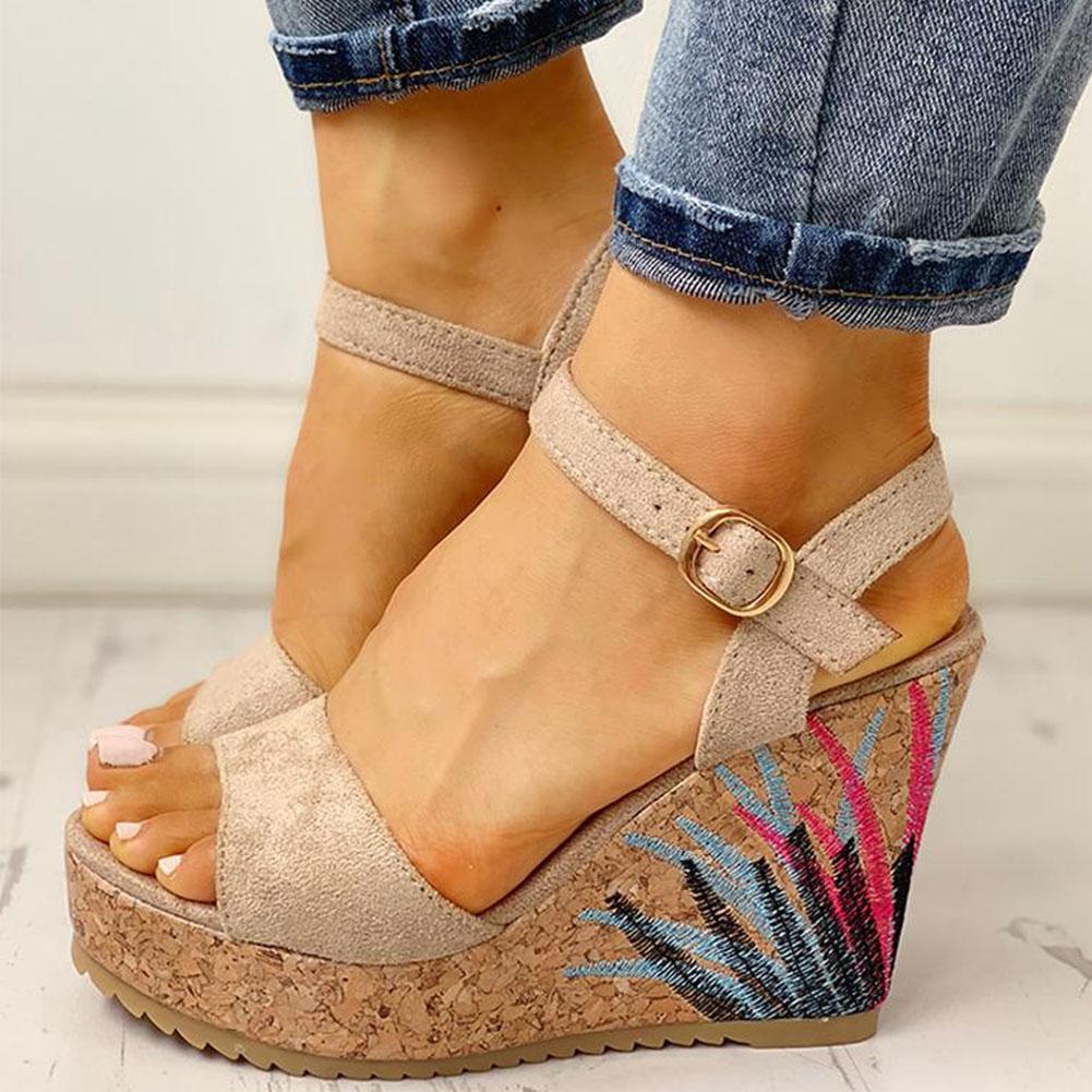 Ankle-strap Leaf Print Wedges Sandals