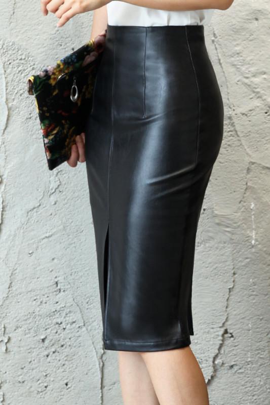 Black PU Leather Bodycon Split Skirt