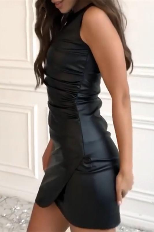 Black PU Leather Ruched Bodycon Dress