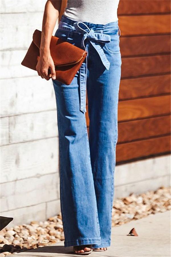 Blue Slim Belt Wide Leg Jeans