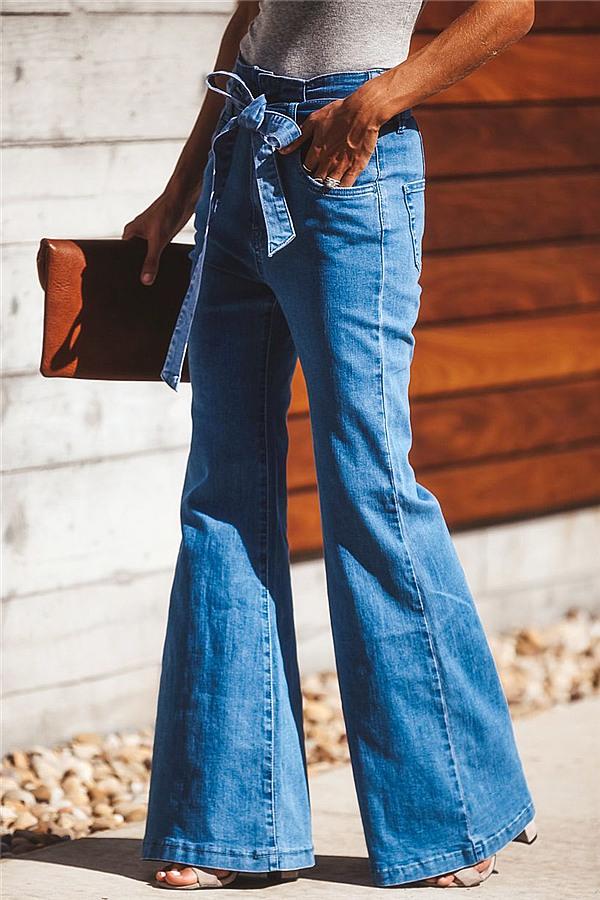 Blue Slim Belt Wide Leg Jeans