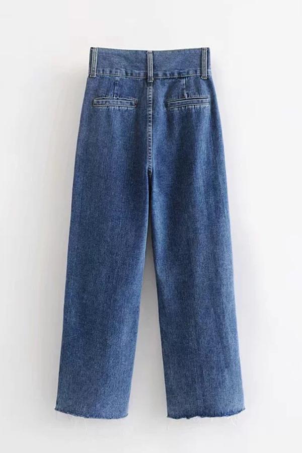 Buttons Frayed Hem Wide Leg Jeans