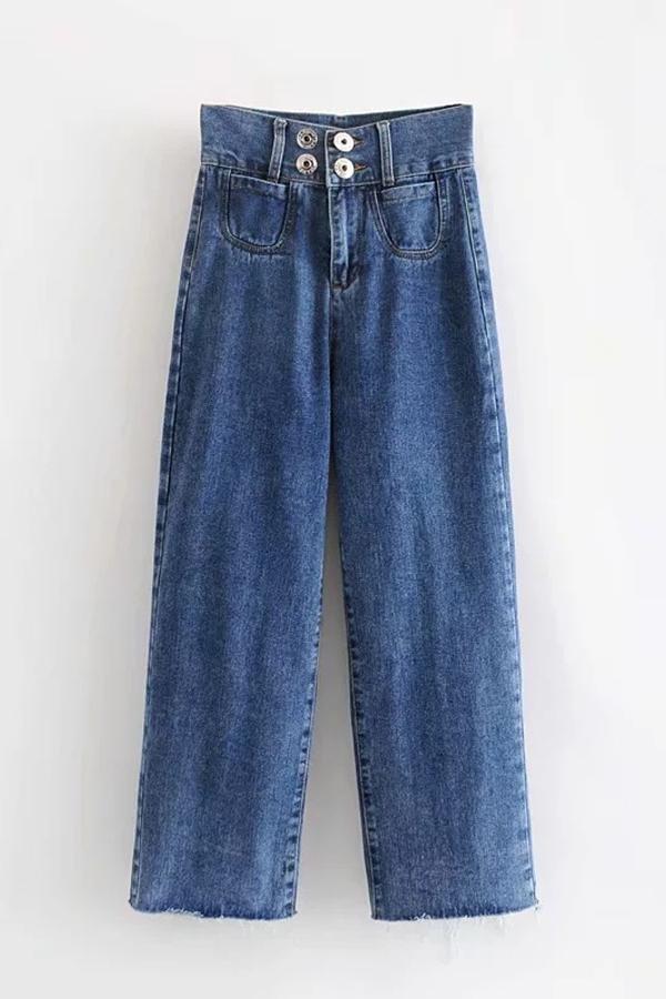 Buttons Frayed Hem Wide Leg Jeans