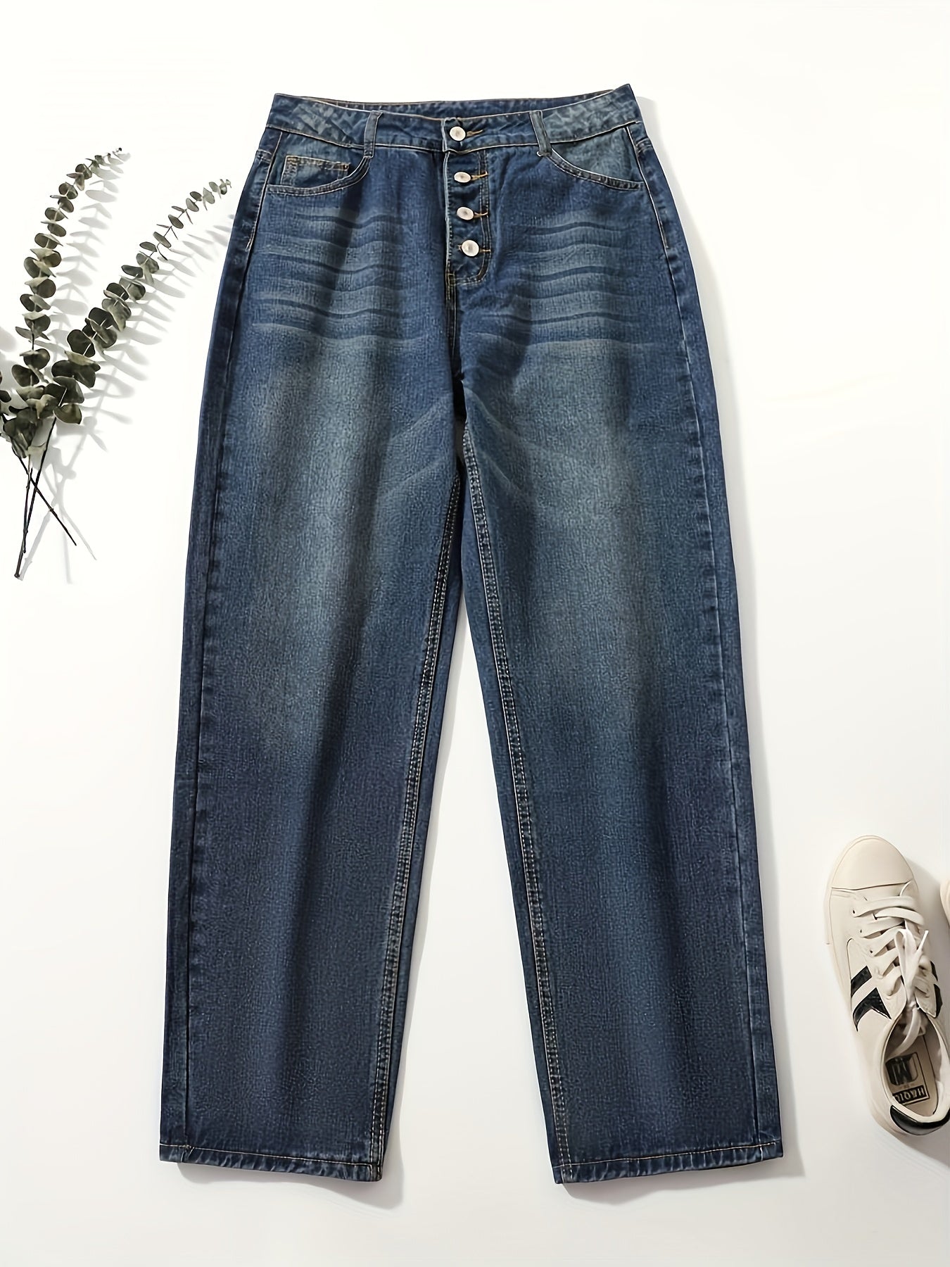 Rolled Hem Single-breasted Closure Denim Pants