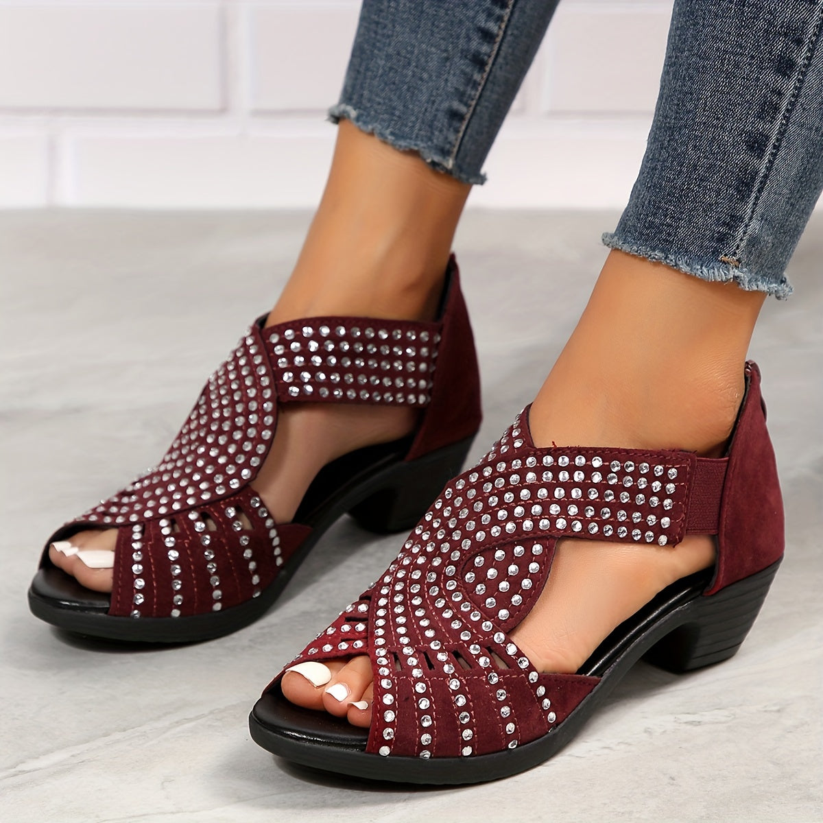 Peep Toe Back Zipper Chunky Heel Rhinestone Sandals