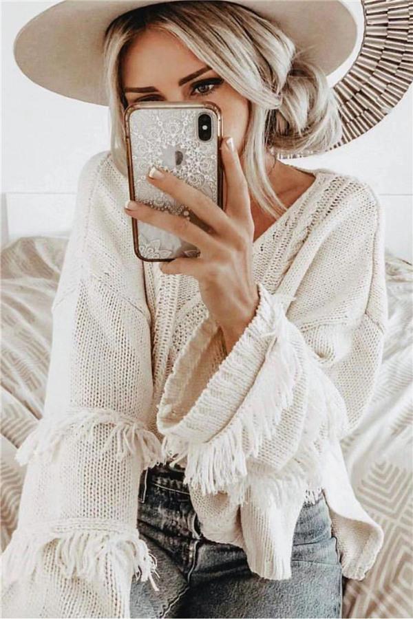 Cable Knit Tassel Fluffy Sweater