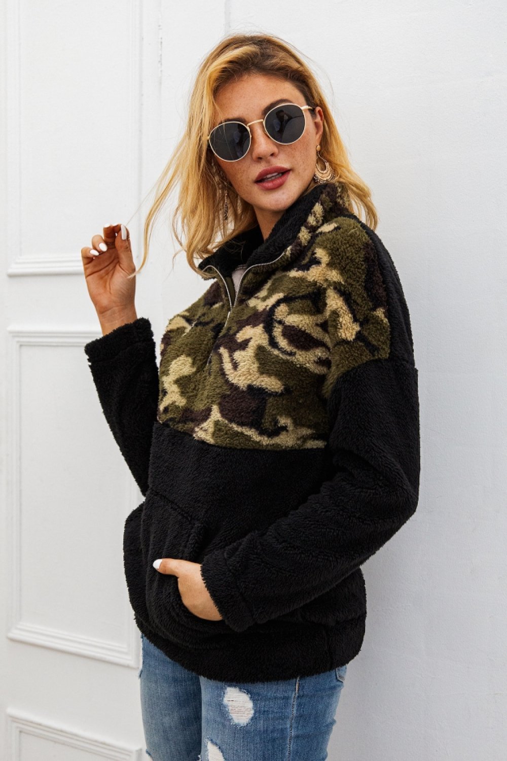 Camouflage Color Block Zip Fluffy Sweatshirt