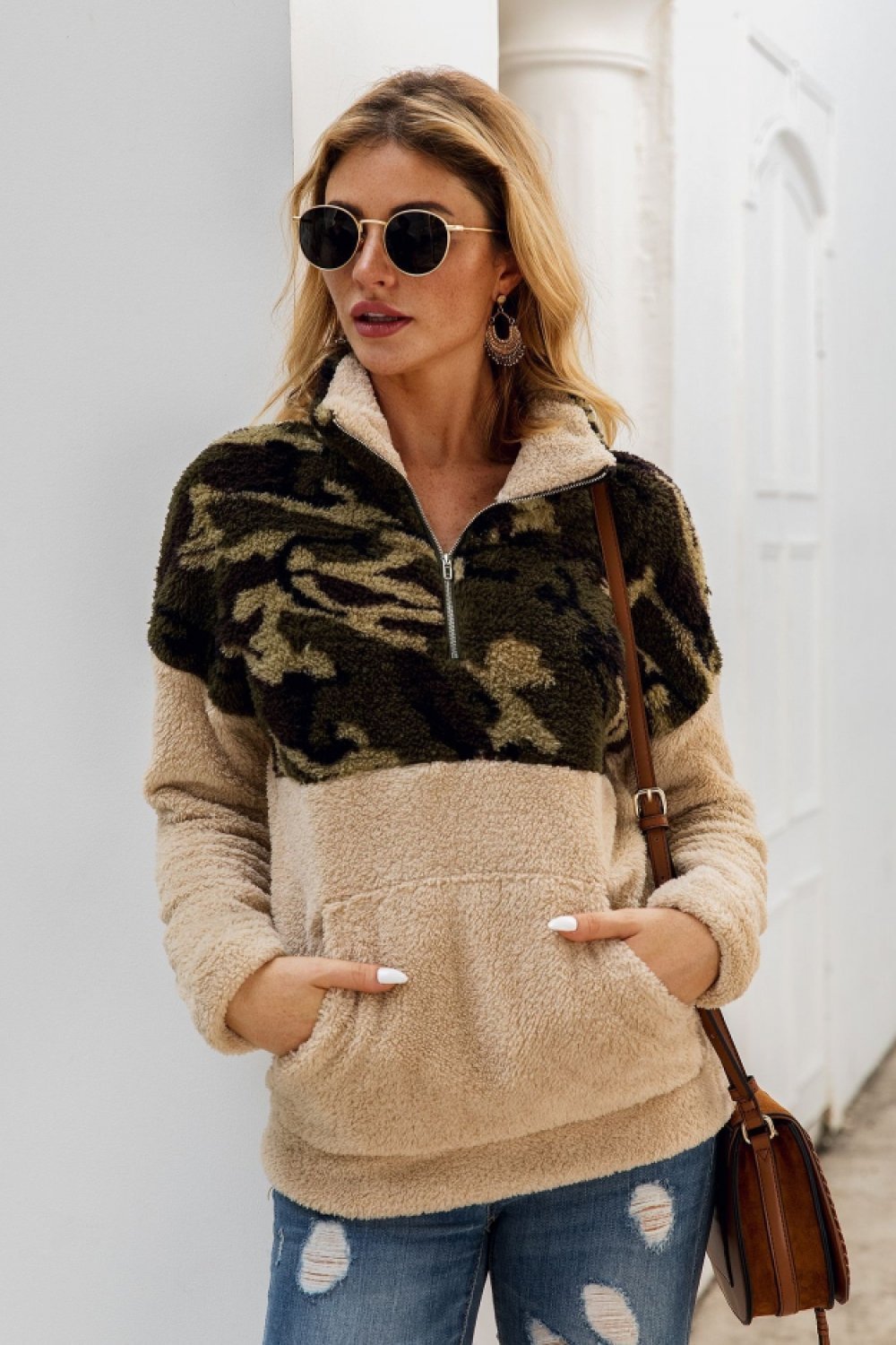 Camouflage Color Block Zip Fluffy Sweatshirt