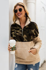 Camouflage Color Block Zip Fluffy Sweatshirt