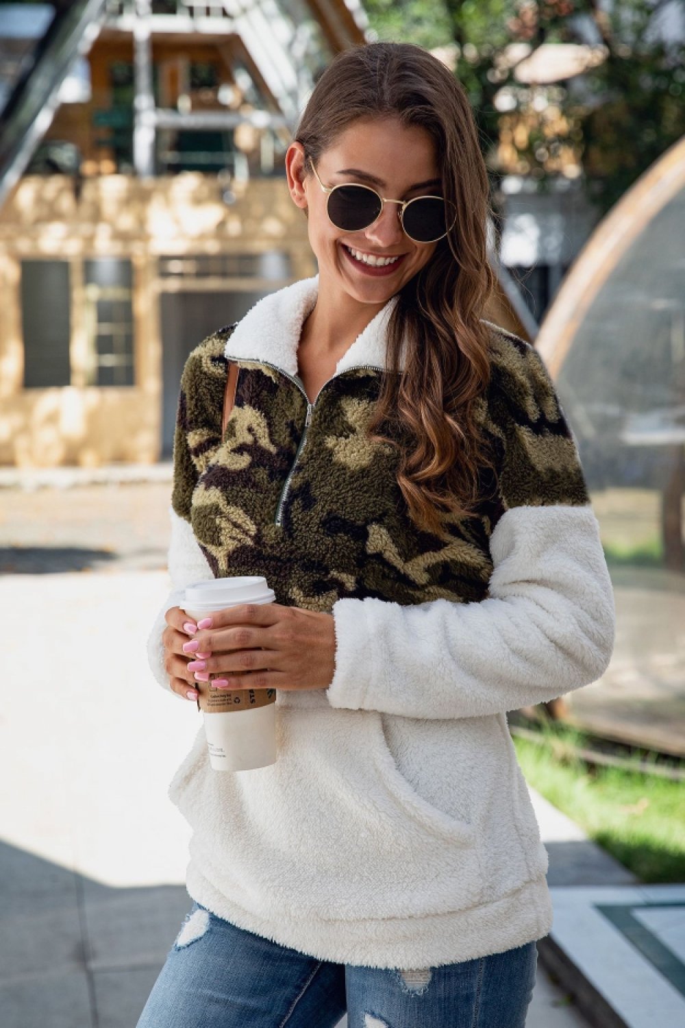 Camouflage Color Block Zip Fluffy Sweatshirt