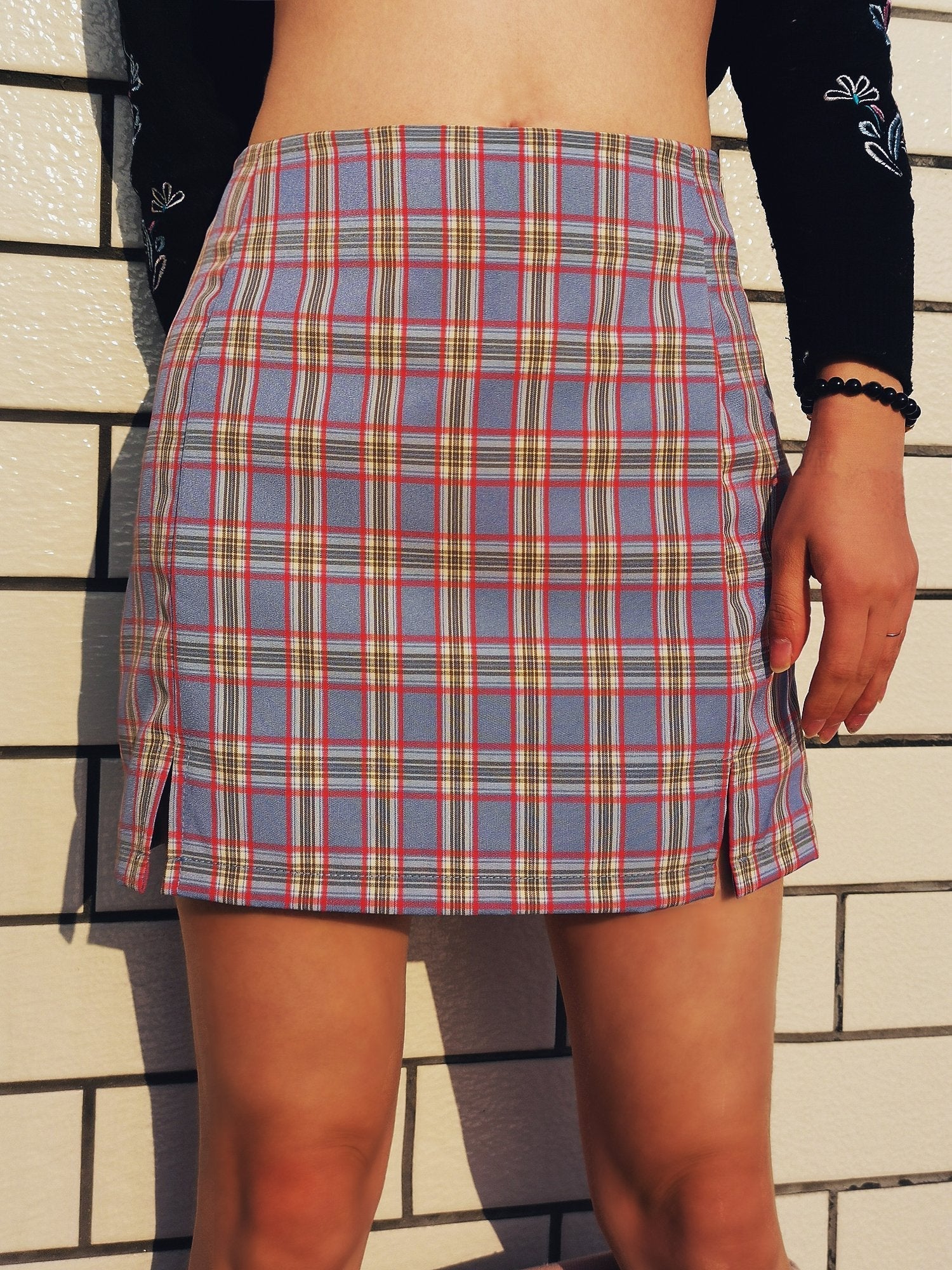 Cara Plaid Bodycon Split Skirt