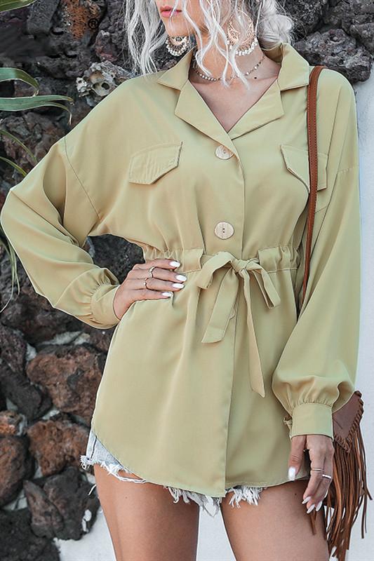 Casual Loose Buttons Sash Belt Blouse Shirt