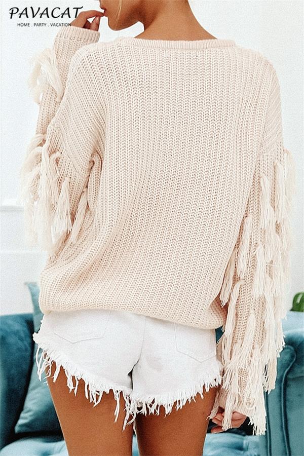 Casual O Neck Tassel Sweater - Armygreen