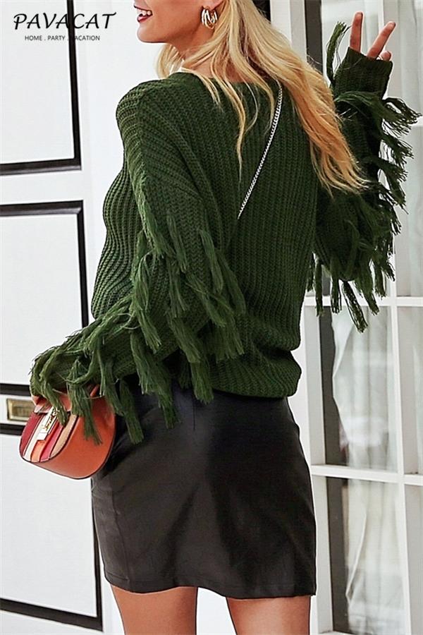 Casual O Neck Tassel Sweater - Armygreen
