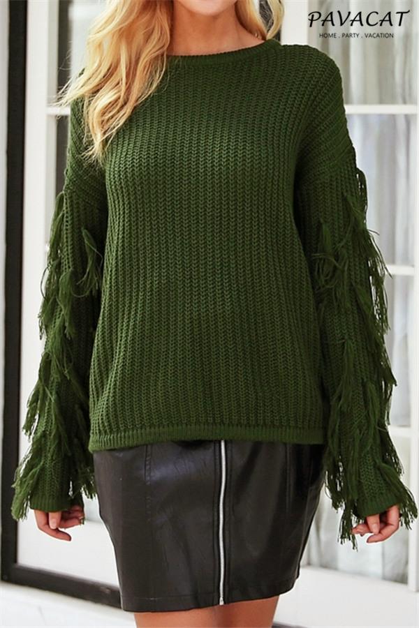 Casual O Neck Tassel Sweater - Armygreen