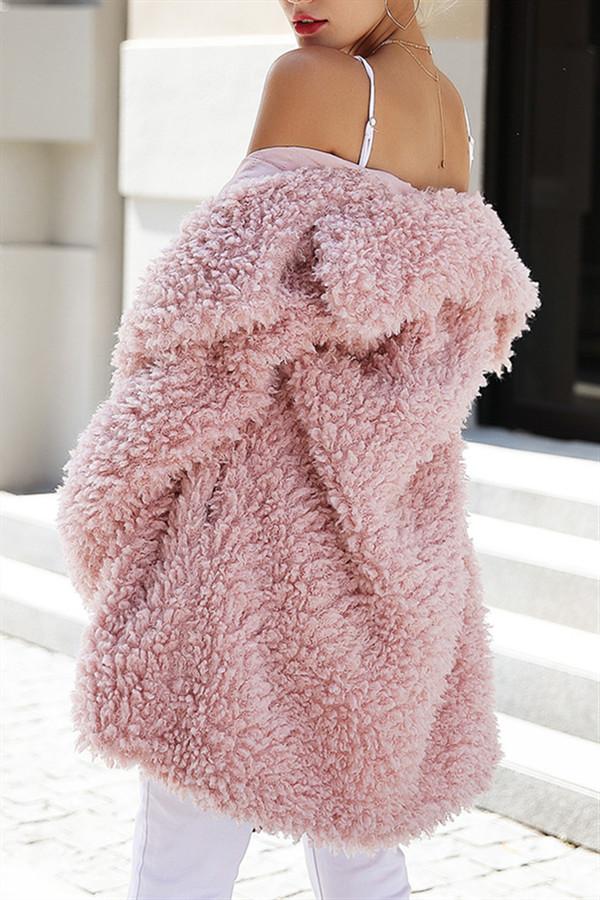 Casual Pink Faux Fur Long Coat