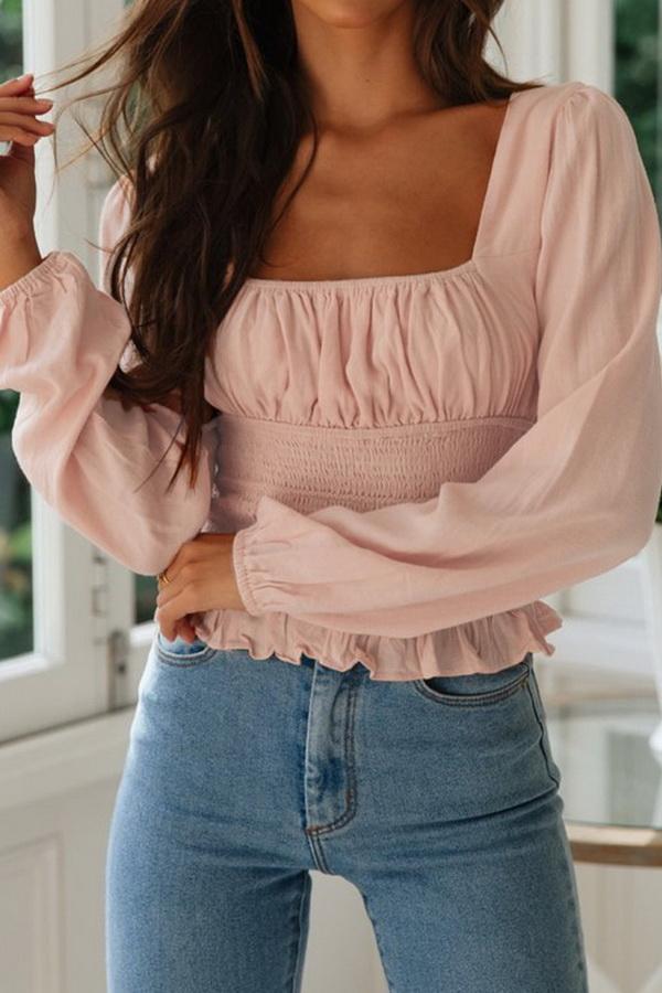 Casual Ruffled Collarless Shirt Top