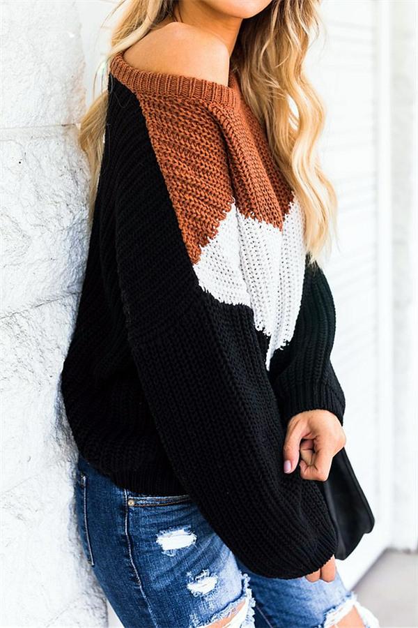 Casual Spliced Loose Knitted Sweater - Brown