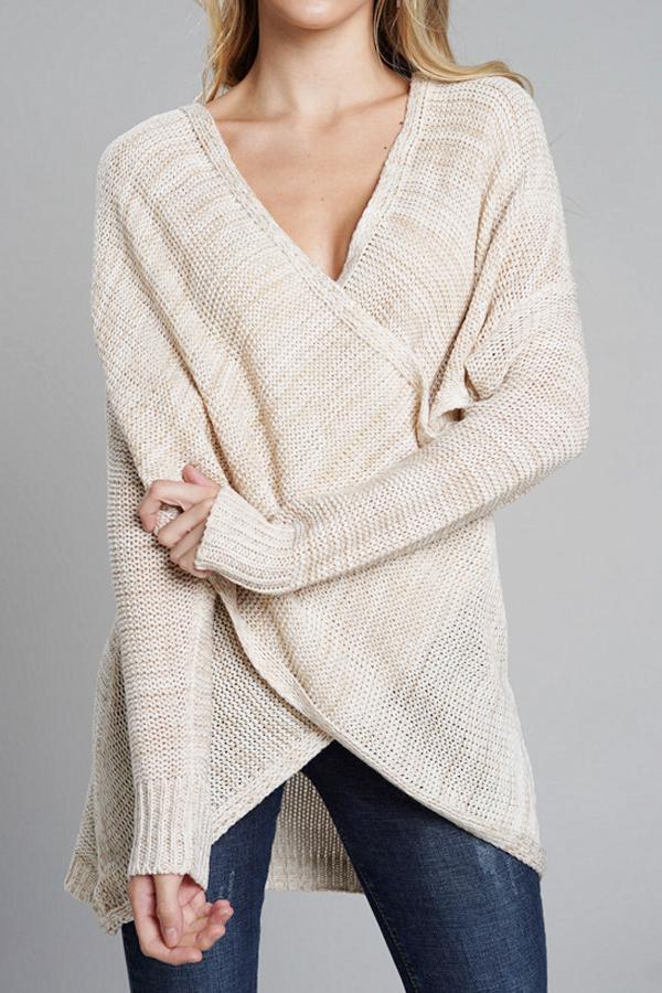 Casual V Neck Front Cross Weekend Sweater - Light Gray