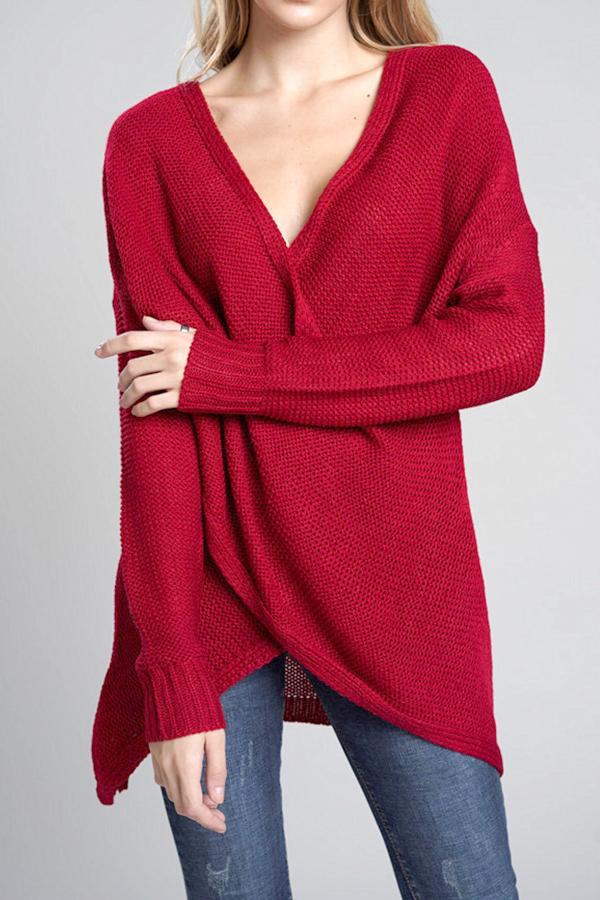 Casual V Neck Front Cross Weekend Sweater - Light Gray