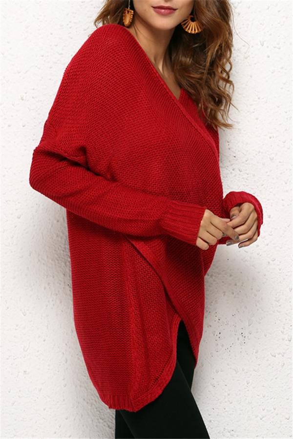 Casual V Neck Front Cross Weekend Sweater - Red