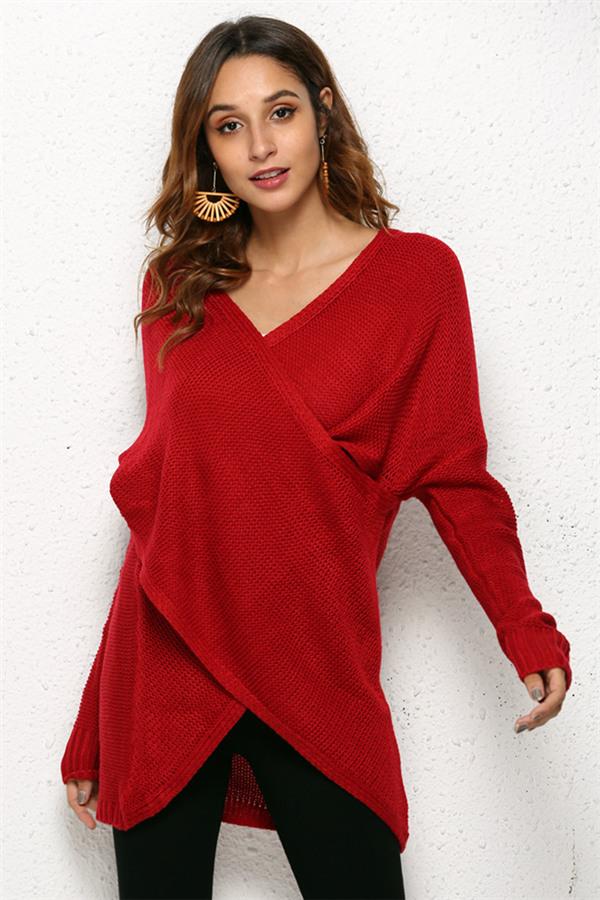 Casual V Neck Front Cross Weekend Sweater - Red