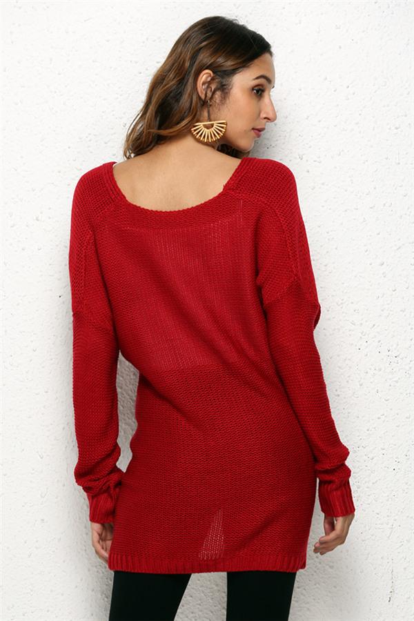 Casual V Neck Front Cross Weekend Sweater - Red