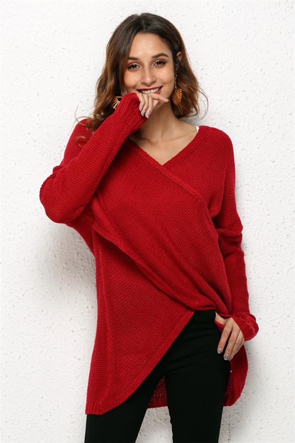 Casual V Neck Front Cross Weekend Sweater - Red