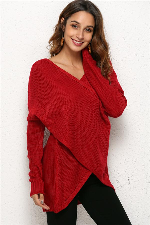 Casual V Neck Front Cross Weekend Sweater - Red