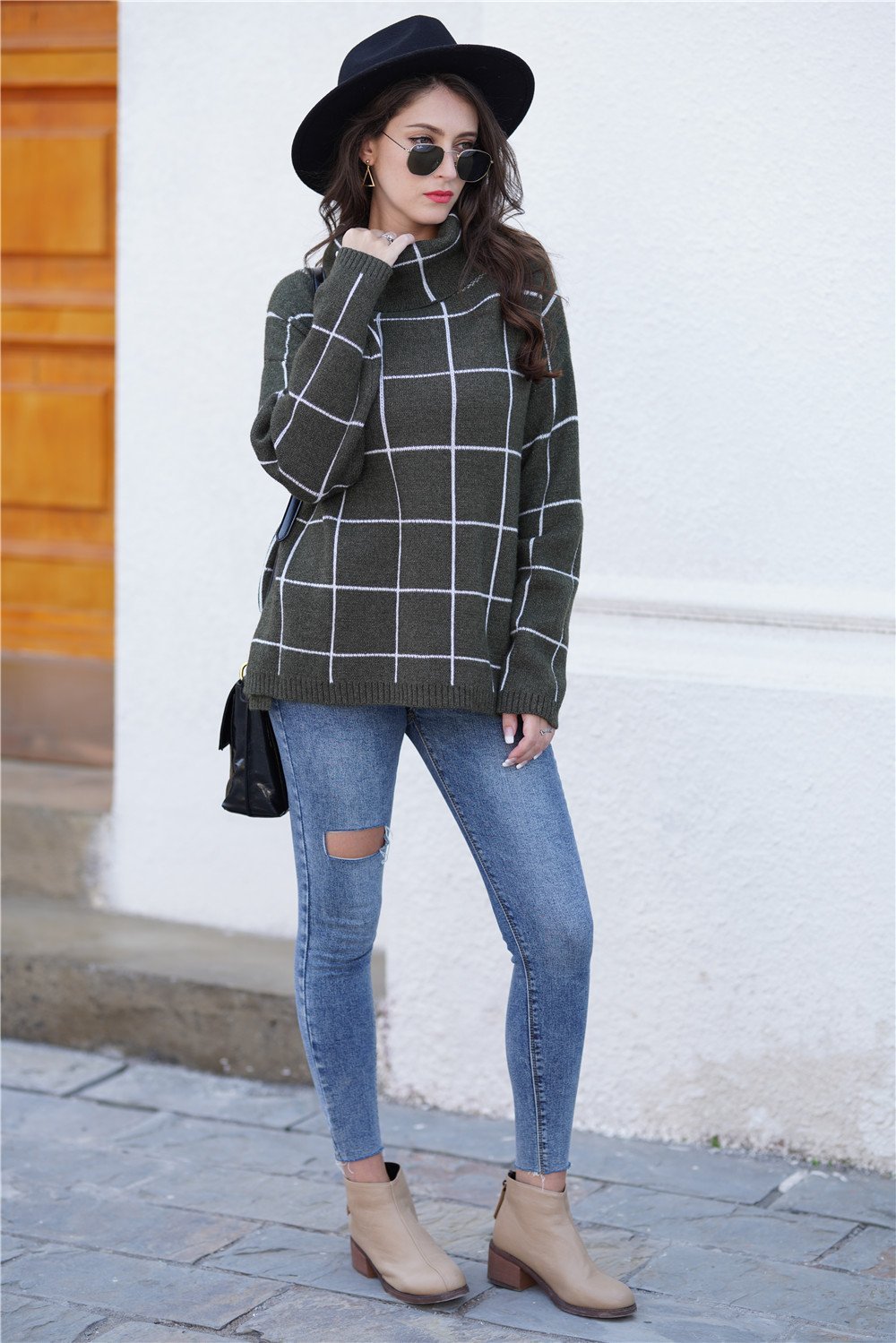 Chic Turtleneck Loose Plaid Sweater - Red