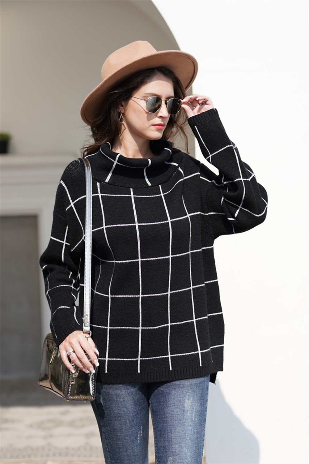 Chic Turtleneck Loose Plaid Sweater