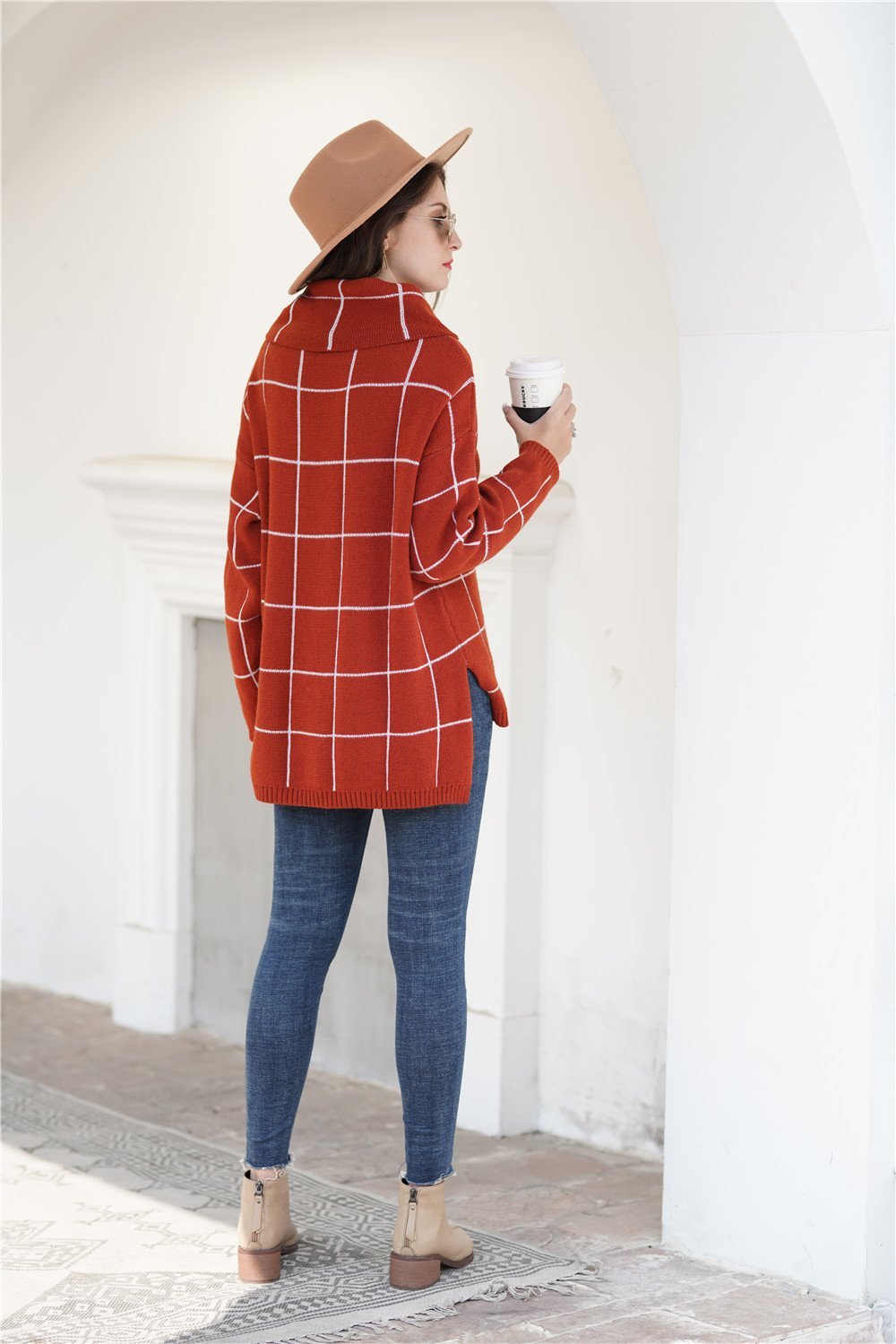 Chic Turtleneck Loose Plaid Sweater - Red