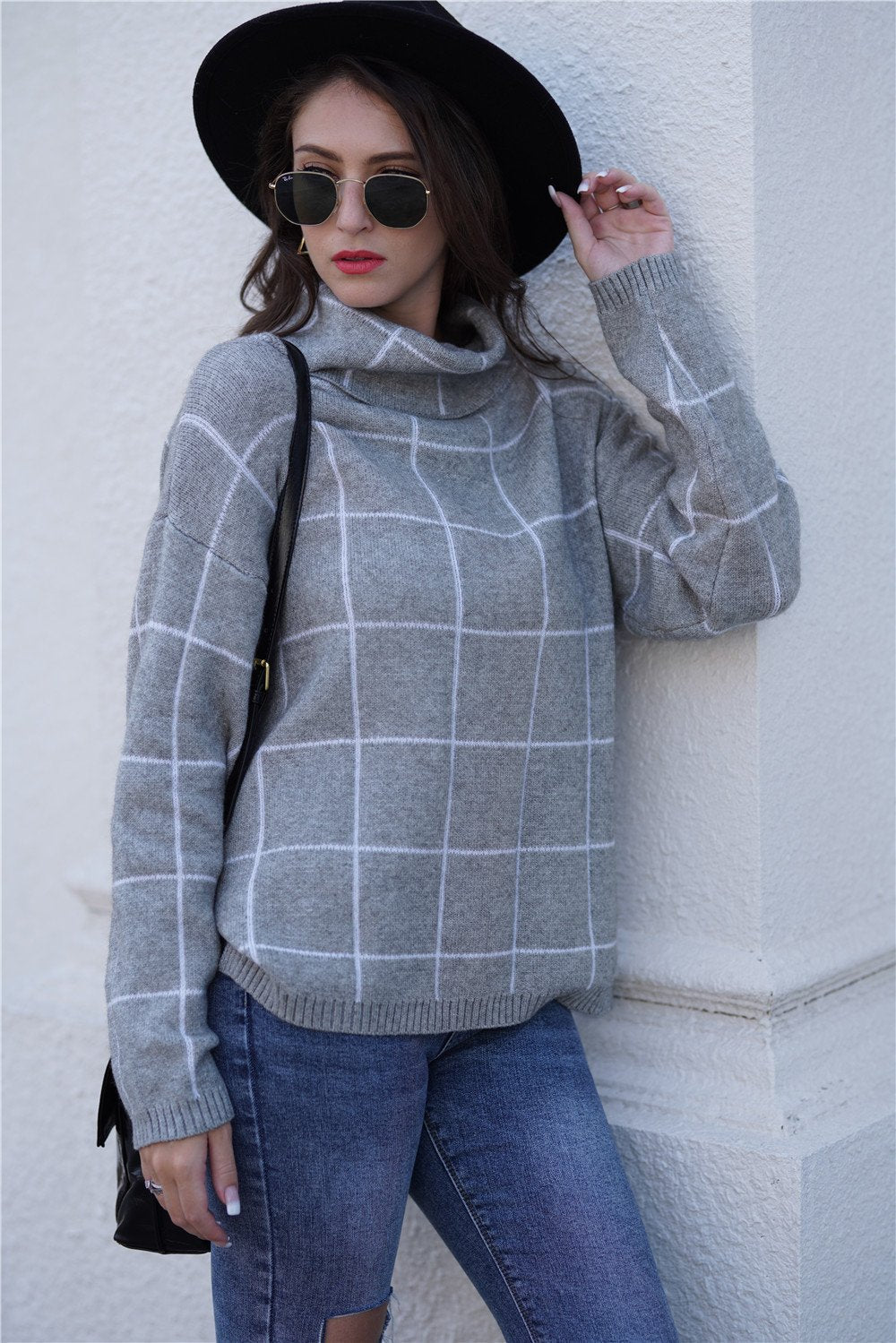 Chic Turtleneck Loose Plaid Sweater - Khaki