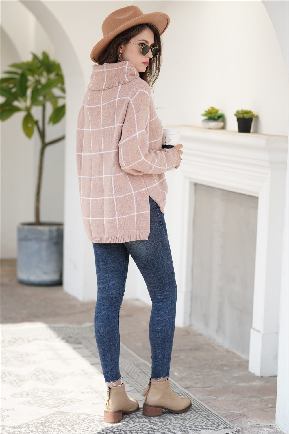 Chic Turtleneck Loose Plaid Sweater