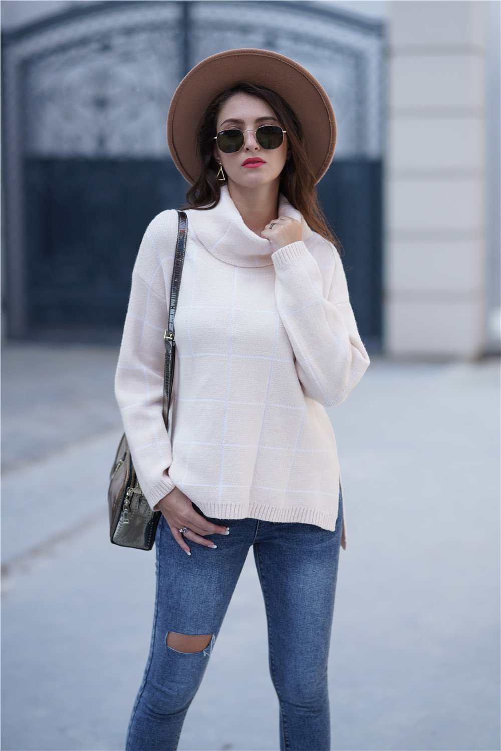 Chic Turtleneck Loose Plaid Sweater - Khaki