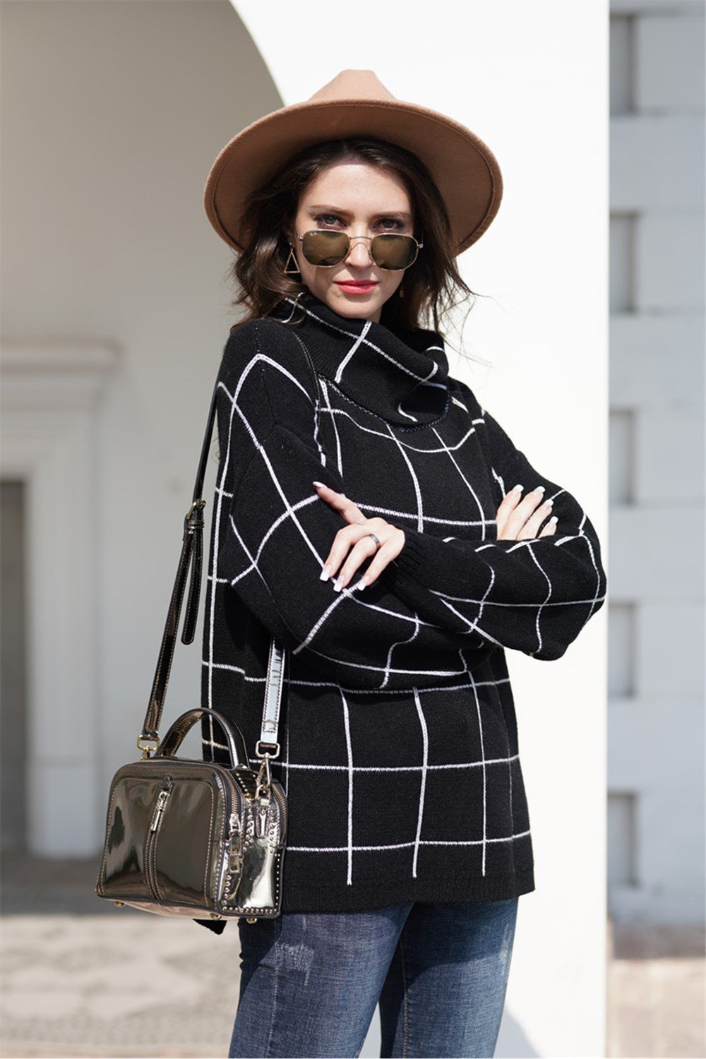 Chic Turtleneck Loose Plaid Sweater - Khaki