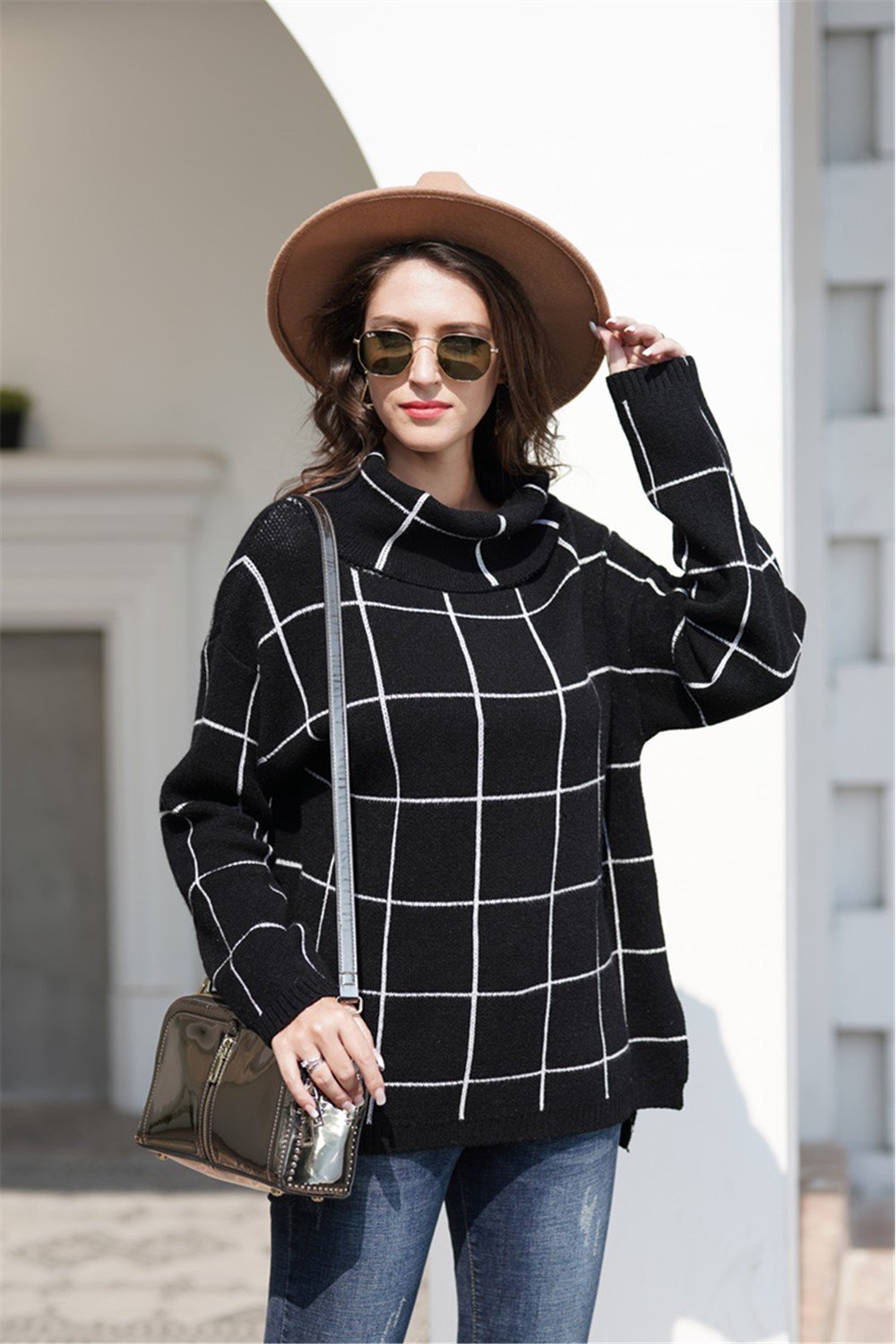 Chic Turtleneck Loose Plaid Sweater