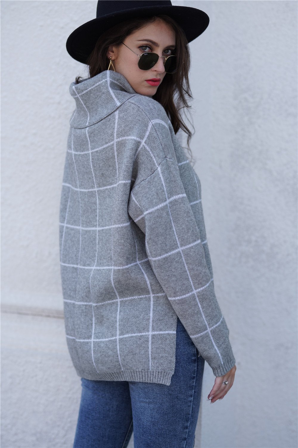 Chic Turtleneck Loose Plaid Sweater - Khaki