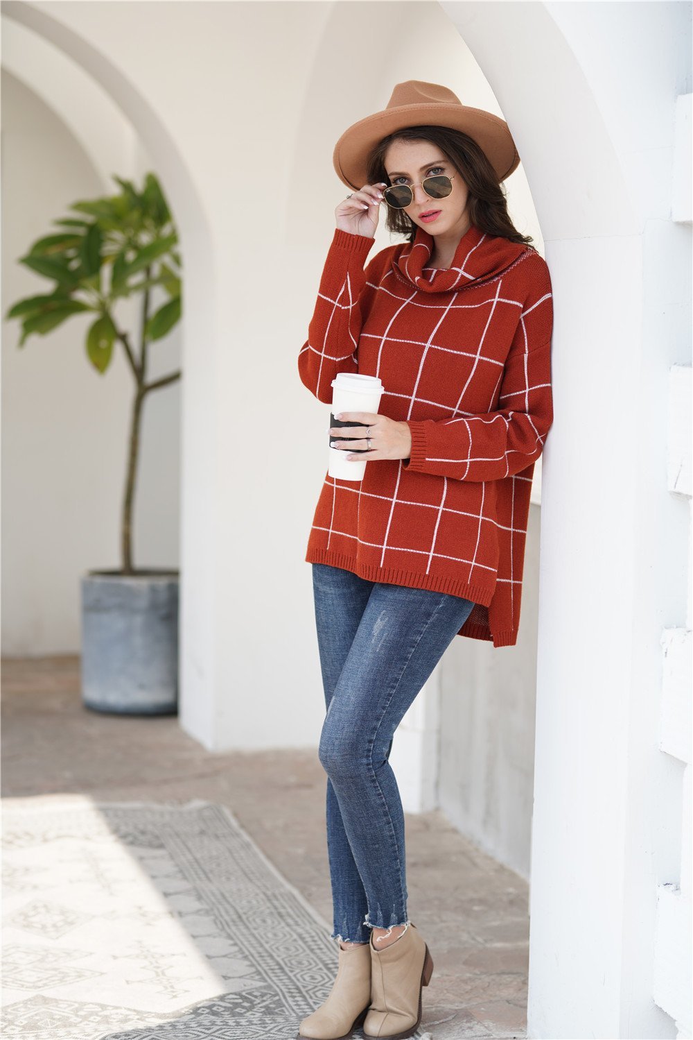 Chic Turtleneck Loose Plaid Sweater - Khaki