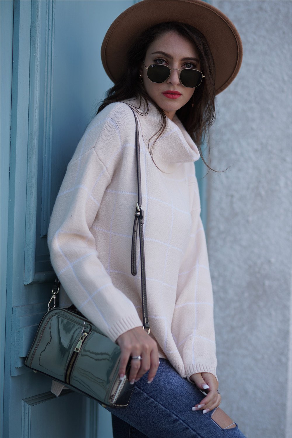 Chic Turtleneck Loose Plaid Sweater - Khaki