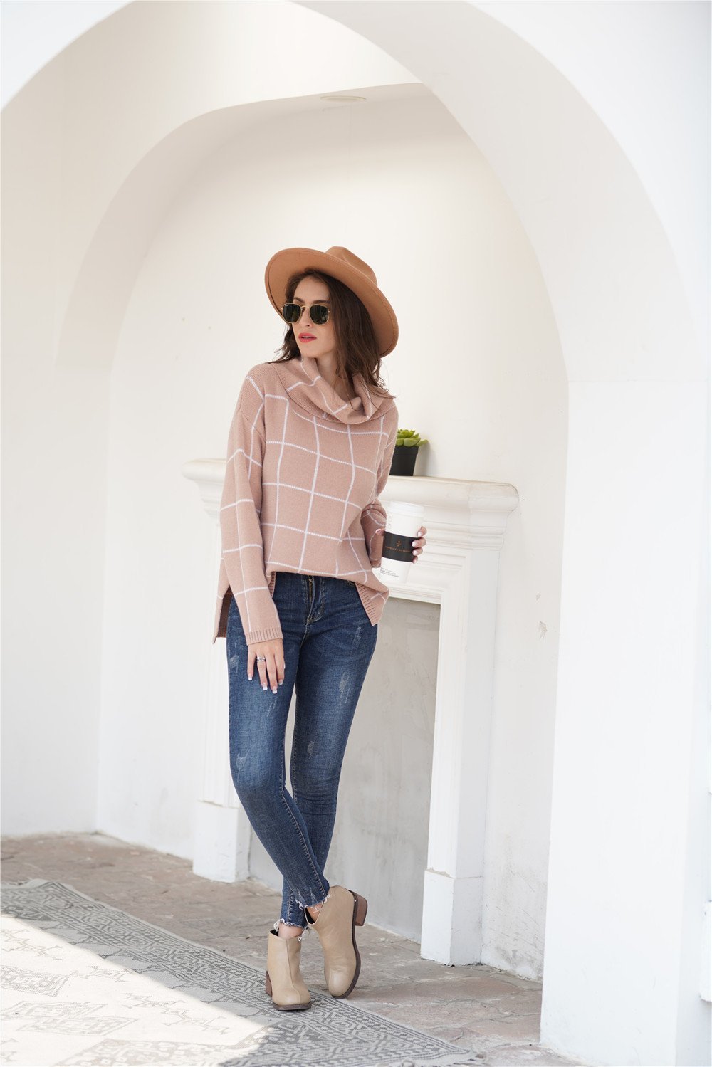 Chic Turtleneck Loose Plaid Sweater - Khaki