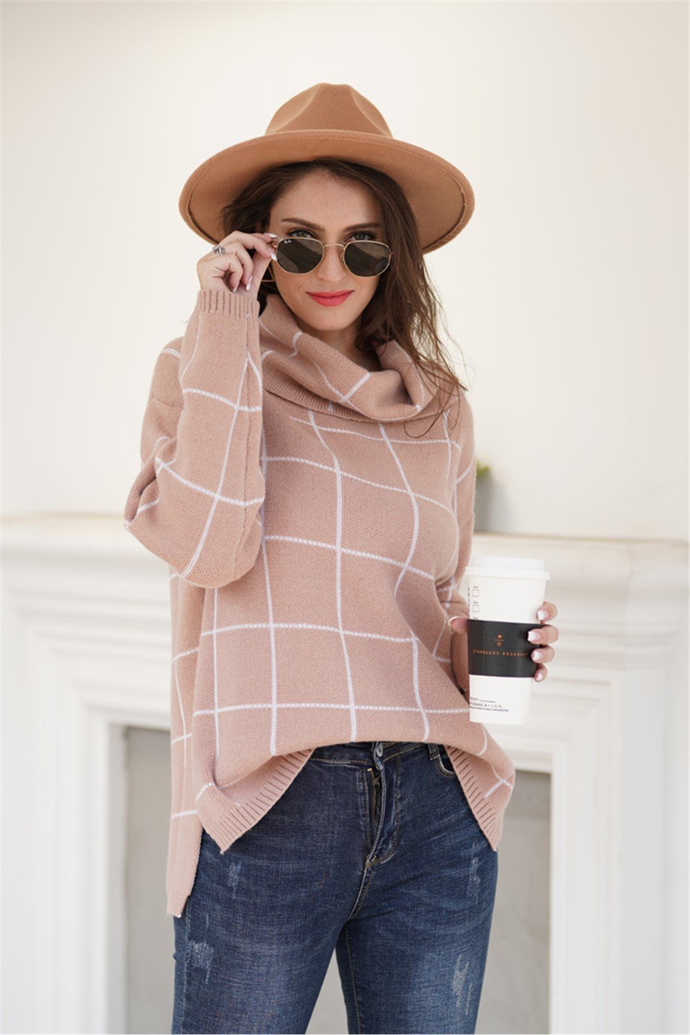 Chic Turtleneck Loose Plaid Sweater