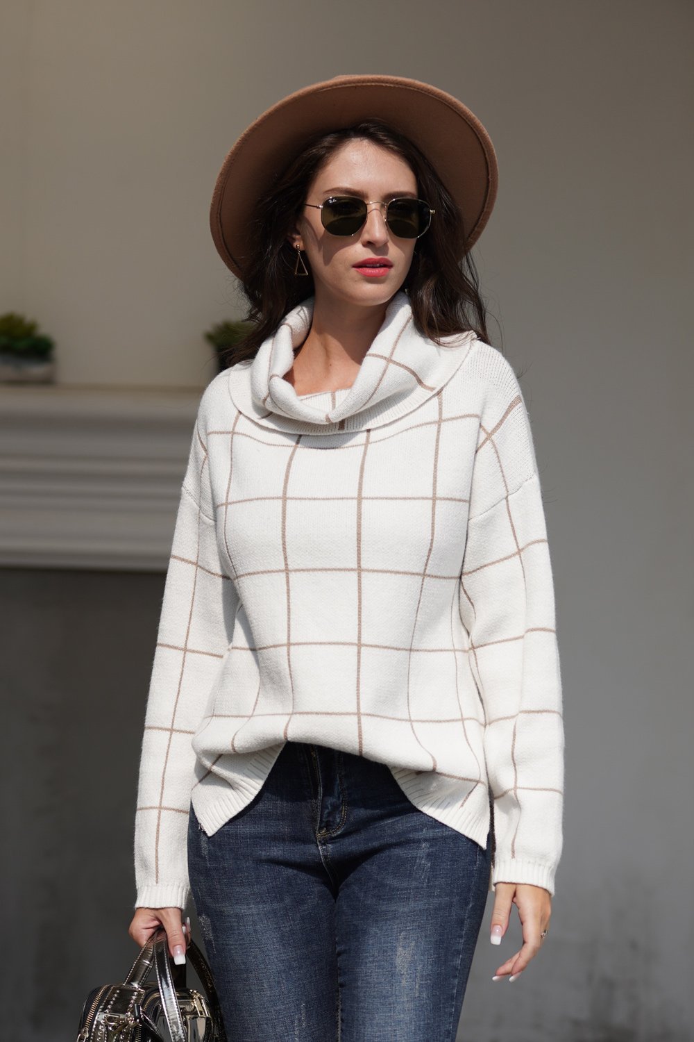 Chic Turtleneck Loose Plaid Sweater