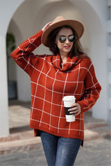 Chic Turtleneck Loose Plaid Sweater - Red