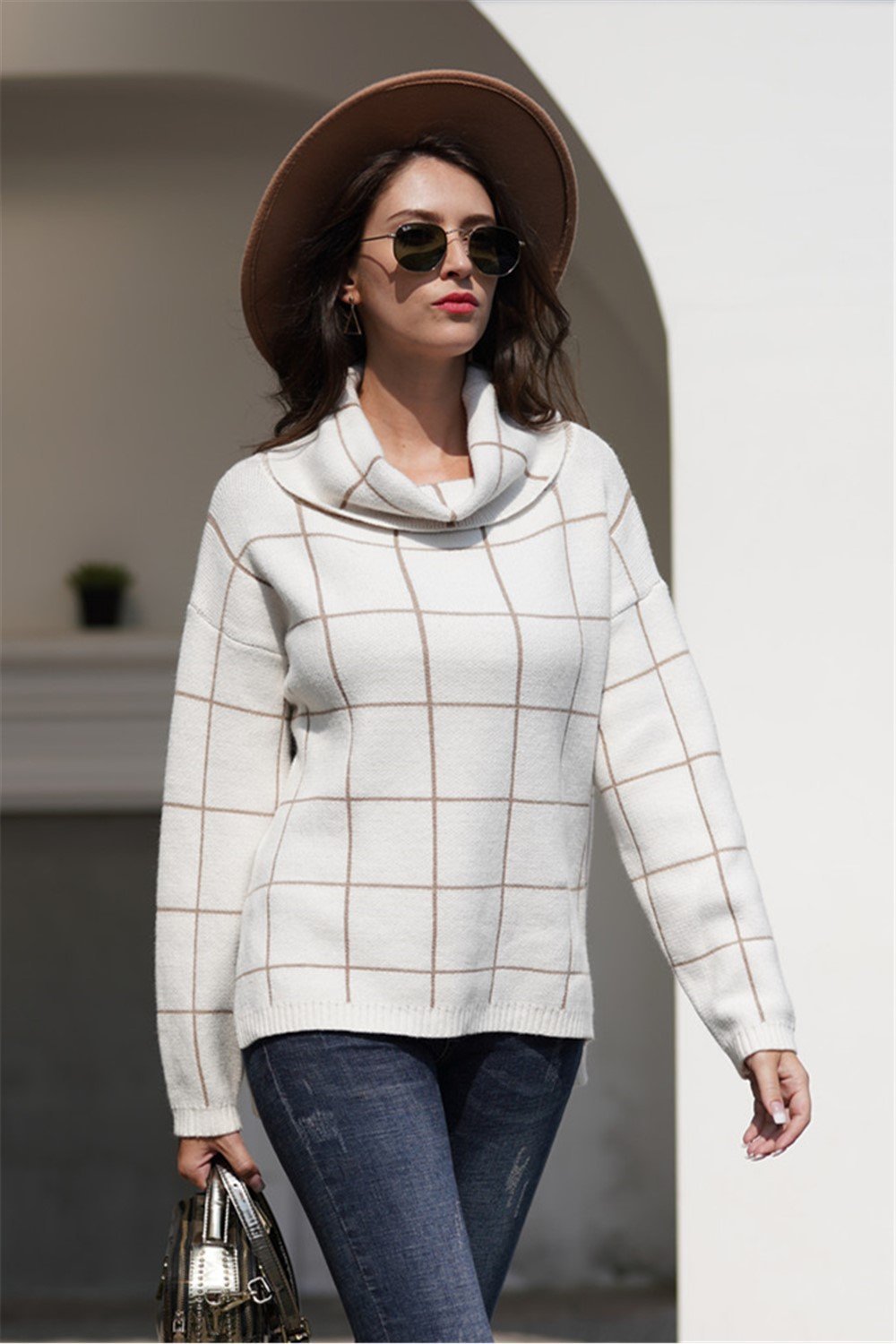 Chic Turtleneck Loose Plaid Sweater