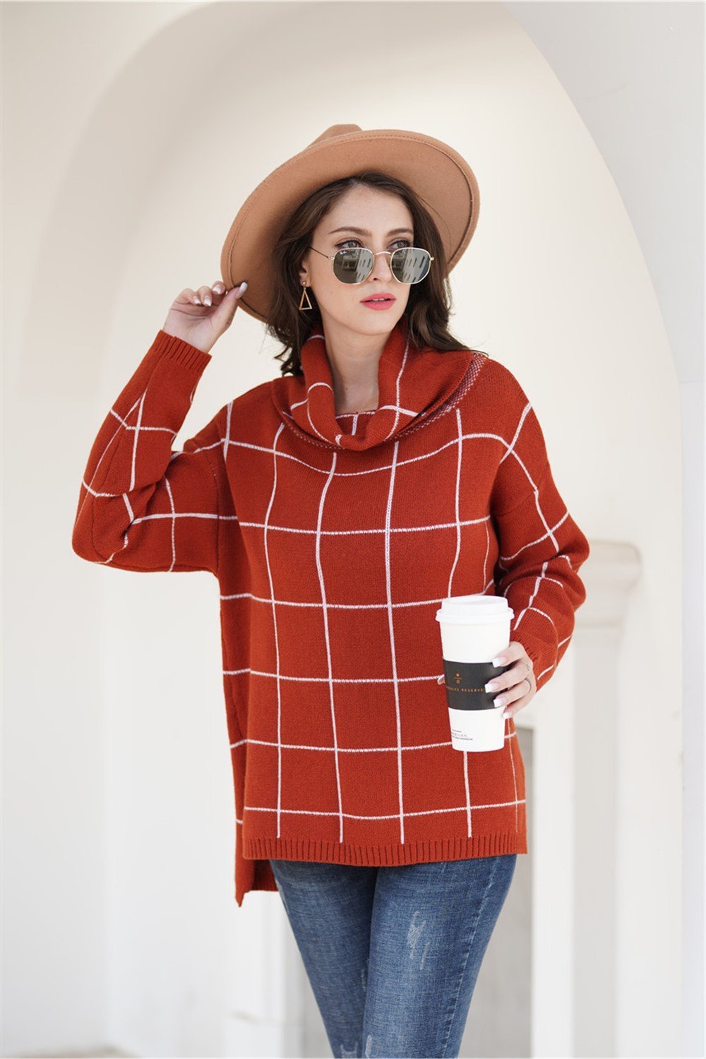 Chic Turtleneck Loose Plaid Sweater - Red