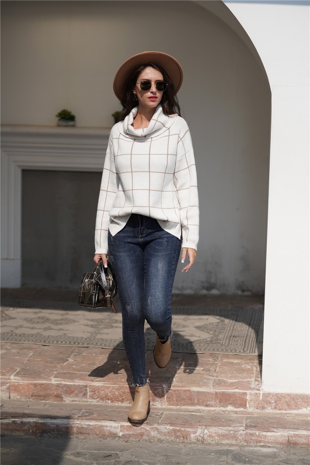 Chic Turtleneck Loose Plaid Sweater - Red