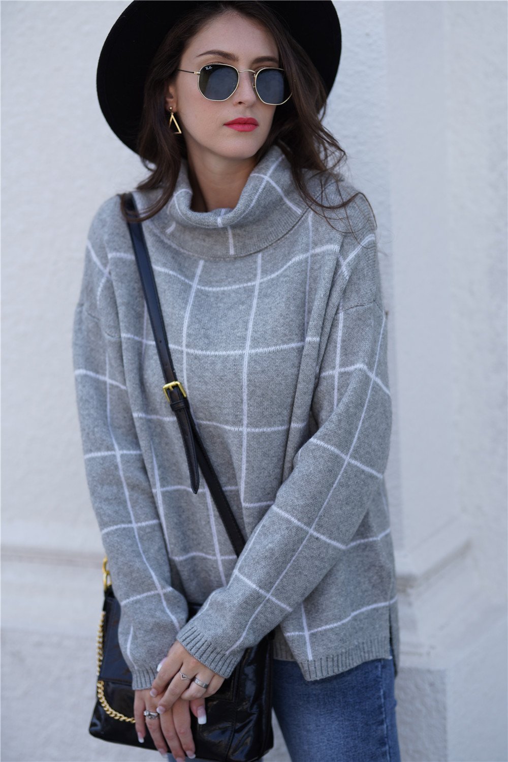 Chic Turtleneck Loose Plaid Sweater - Khaki