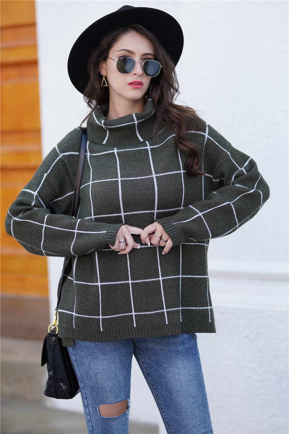 Chic Turtleneck Loose Plaid Sweater - Khaki